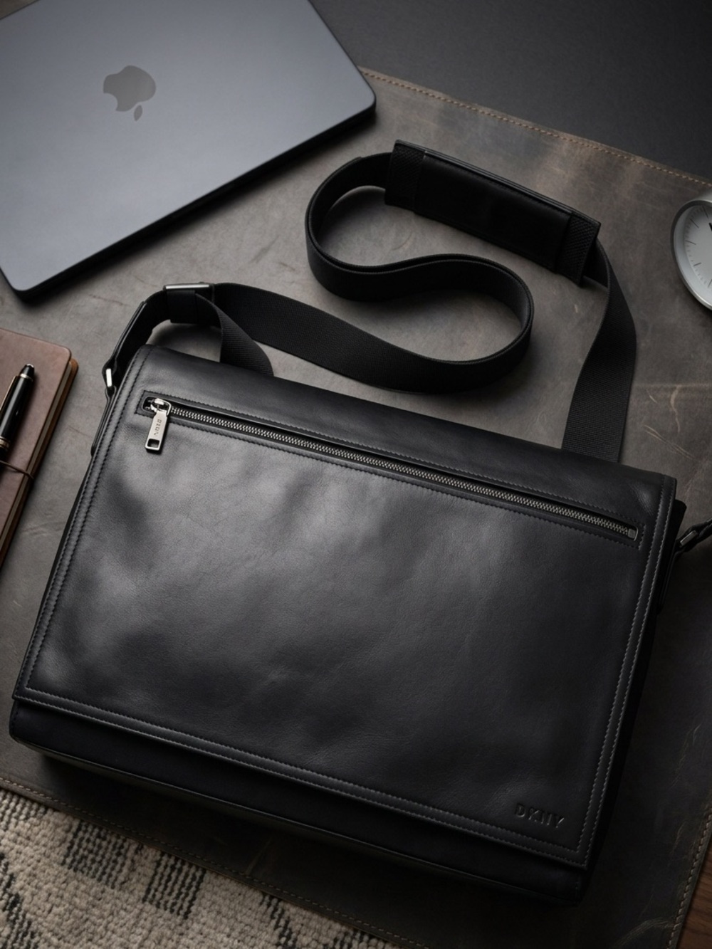 DKNY Black Leather Nylon Messenger Bag with Adjustable Strap